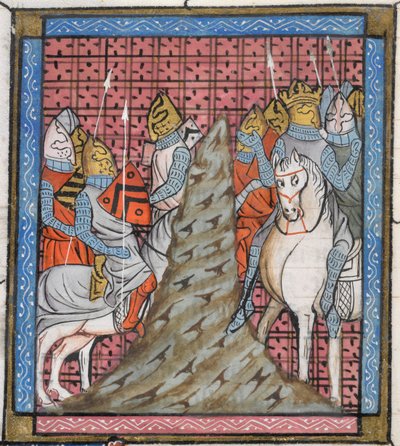 रॉयल 16 जी. VI, f.317v एक पहाड़ को पार करते समय एक धर्मयुद्ध सेना के विभाजन का एक लघु विवरण, #39;क्रॉनिक्स#39; से चित्रण द्वारा फ्रेंच स्कूल