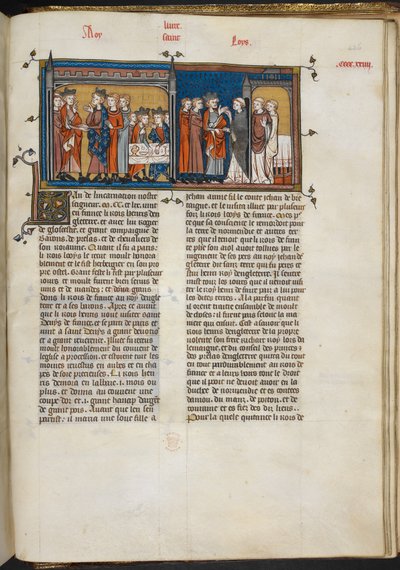 रॉयल 16 जी VI f.426r हेनरी III का लुई IX का दौरा करने का लघु चित्र, और सेंट डेनिस में हेनरी III, #39;द ग्रेट क्रॉनिकल्स ऑफ़ फ्रांस#39; से पृष्ठ; द्वारा फ्रेंच स्कूल