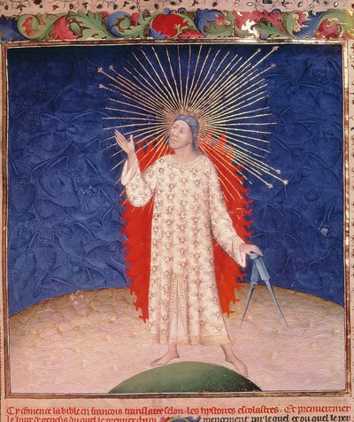 रॉयल 19 डी III, f.3: ईश्वर को आग से घिरा हुआ दिखाया गया है, जिसके पास कम्पास है, गायर्ट डेस मौलिंस द्वारा लिखित बाइबिल हिस्टोरियल से, लगभग 1411 (वेल्लम) द्वारा फ्रेंच स्कूल