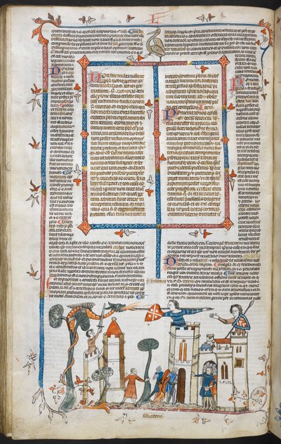 रॉयल एमएस 10 ई IV f.88v, एक ड्रैगन द्वारा महल पर हमला करने का एक बेस-डी-पेज दृश्य, लगभग 1300-40 (चर्मपत्र पर कलम और स्याही और टेम्पेरा) द्वारा फ्रेंच स्कूल