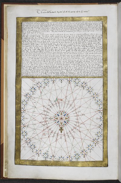 रॉयल एमएस 20 ई IX f.3v #39;सभी दिशाओं के पवन बिंदुओं को जानने का तरीका#39;, पवनों के गुलाब के आरेख के साथ, #39;बोके ऑफ़ इड्रोग्राफी (#39;रोट्ज़ एटलस#39;) से द्वारा फ्रेंच स्कूल