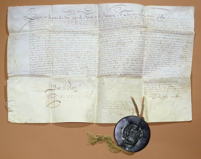 फ्रेंच अकादमी के निर्माण के लिए शाही फरमान, 1635 (वेल्लम पर स्याही) द्वारा फ्रेंच स्कूल
