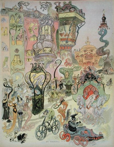 रू मॉडर्न-स्टाइल, 'औ टेम्प्स प्रेजेंट' पत्रिका से, c.1890-1900 (कलर लिथो) द्वारा फ्रेंच स्कूल