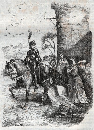 अल्जीना के दरबार से रग्गिएरो और तीन अप्सराएं - 1851 की कविता ओरलैंडो फ्यूरियोसो से उत्कीर्णन द्वारा फ्रेंच स्कूल