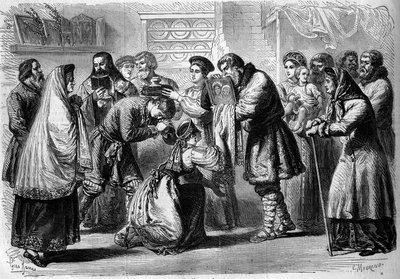 रूसी रिवाज - शादी - 1860: पूर्व-विवाह समारोह। गॉडफादर और गॉडमदर भावी शादियों को आशीर्वाद देते हैं। गॉडफादर उन्हें धार्मिक अभिषेक के प्रतीक क्राइस्ट या वर्जिन की छवि प्रस्तुत करता है। गॉडमदर के सिर के ऊपर रोटी और नमक रखती हैं द्वारा फ्रेंच स्कूल