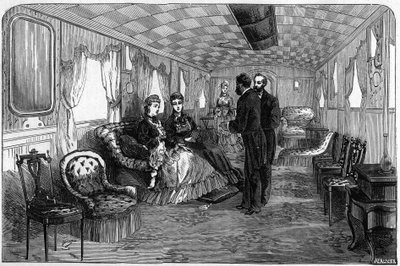 1874 में ड्यूक एंड डचेस ऑफ एडिनबर्ग द्वारा इस्तेमाल की जाने वाली रूसी शाही ट्रेन: सैलून वैगन। 6 अप्रैल 1874 के "" ले मोंडे इलस्ट्र्रे"" n°886 में उत्कीर्णन। द्वारा फ्रेंच स्कूल
