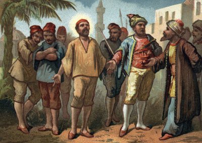 सेंट विंसेंट डी पॉल (1581-1660), पुजारी को तुर्की के समुद्री लुटेरों ने पकड़ लिया था जिन्होंने उसे ट्यूनिस में गुलामों के रूप में बेच दिया था। 19 वीं शताब्दी के उत्तरार्ध की क्रोमोलिथोग्राफी। द्वारा फ्रेंच स्कूल