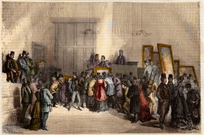 1868 में पेरिस में नीलामियों के होटल में चित्रों की बिक्री। "" L'Univers Illious"" में उत्कीर्णन द्वारा फ्रेंच स्कूल
