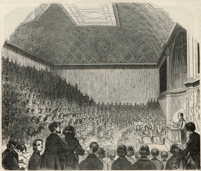 19वीं शताब्दी में पेरिस में कॉलेज डी फ्रांस में कक्षा - एडमंड टेक्सियर 1852 द्वारा "झांकी-डी-पेरिस" में उत्कीर्णन द्वारा फ्रेंच स्कूल