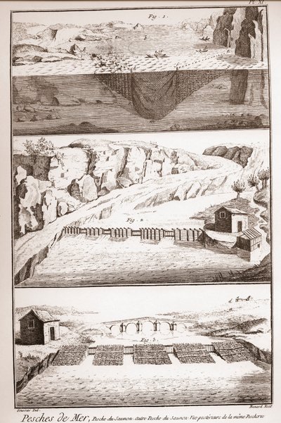 सैल्मन मछली पकड़ने की तकनीक - डेनिस डाइडरोट (1713-1784) और जीन डी'अलेम्बर्ट (1717-1783) द्वारा विश्वकोश या विज्ञान, कला और व्यवसायों का शब्दकोश द्वारा फ्रेंच स्कूल