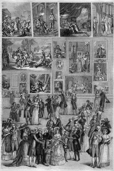 सैलून डे 1787: पेरिस में पेंटिंग प्रदर्शनी के दौरान लौवर में सैलून कैरे का दृश्य। "" सुरम्य स्टोर "" में मार्टिनी द्वारा उत्कीर्णन द्वारा फ्रेंच स्कूल