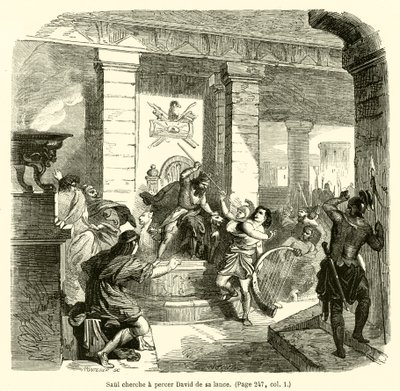 शाऊल ने अपने भाले से दाऊद को छेदने की कोशिश की (उत्कीर्णन) द्वारा फ्रेंच स्कूल