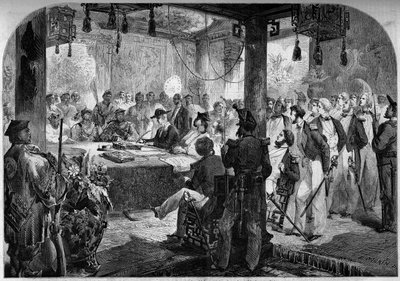 फ्रांस और इंग्लैंड और चीन के बीच दूसरा अफीम युद्ध (1858-1860) - 1858 में टियांजिन संधि (टिएंटसिन) पर हस्ताक्षर: अंग्रेजी और फ्रांसीसी राजदूत लॉर्ड एल्गिन (जेम्स ब्रूस) द्वारा फ्रेंच स्कूल