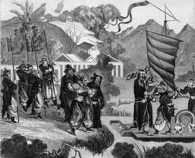 फ्रांस और इंग्लैंड और चीन के बीच दूसरा अफीम युद्ध (1858-1860): संघर्ष का चीनी व्यंग्य। चीनियों के एक समूह की उपहासपूर्ण निगाहों के तहत एक नाव तट पर पहुंचने के लिए तैयार है। नाव पर, फ्रांस (बाएं) और इंग्लैंड का प्रतिनिधित्व करने वाले दो पात्र द्वारा फ्रेंच स्कूल