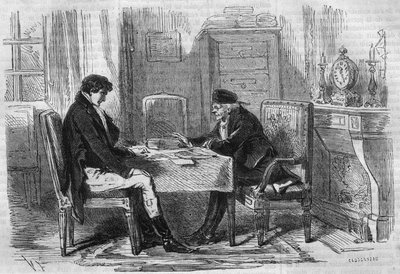 सीरी उपन्यास: एमिल सौवेस्ट्रे (1806-1854) द्वारा "" अमीर और गरीब ""। दो आदमी बात कर रहे हैं: "स्क्रूपल्स ने कभी किसी को प्रताड़ित नहीं किया।" "" लेस बोन्स रोमांस "" में उत्कीर्णन द्वारा फ्रेंच स्कूल
