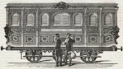 डाकघर - मोबाइल कार्यालय का बाहरी दृश्य - एडमंड टेक्सियर 1852 द्वारा "झांकी-डी-पेरिस" में उत्कीर्णन द्वारा फ्रेंच स्कूल