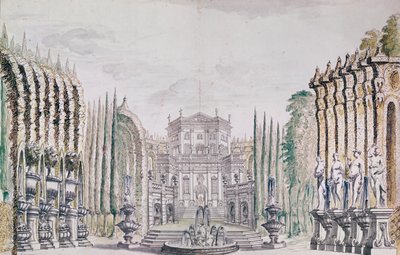 एक थिएटर के लिए महल का डिजाइन सेट करें, c.1660-80 (कागज पर कलम और स्याही और wc) द्वारा फ्रेंच स्कूल