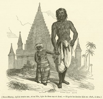 श्वे-माओंग, तीस साल का, और उसकी बेटी, ढाई साल की (उत्कीर्णन) द्वारा फ्रेंच स्कूल