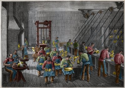 19वीं सदी में फ्रांस में सिल्वरवेयर वर्कशॉप। एडोल्फ बिटार्ड द्वारा 1885 से "लेस आर्ट्स एट मेटियर्स इलस्ट्रेस" में उत्कीर्णन। द्वारा फ्रेंच स्कूल