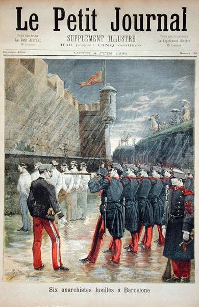 बार्सिलोना में छह अराजकतावादी, ले पेटिट जर्नल के सामने कवर, 4 जून 1894 द्वारा फ्रेंच स्कूल