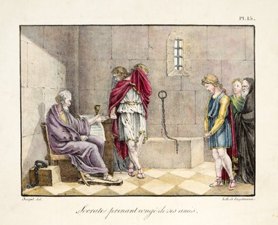 सुकरात अपने दोस्तों, पब की छुट्टी ले रहा है। एंगेलमैन द्वारा, c.1835 (हाथ से रंगी हुई नक्काशी) द्वारा फ्रेंच स्कूल