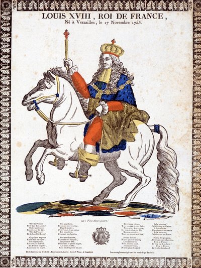 फ्रांस के राजा लुई XVIII के सम्मान में गीत, राजा के एक घुड़सवारी चित्र द्वारा सचित्र (उत्कीर्णन) द्वारा फ्रेंच स्कूल