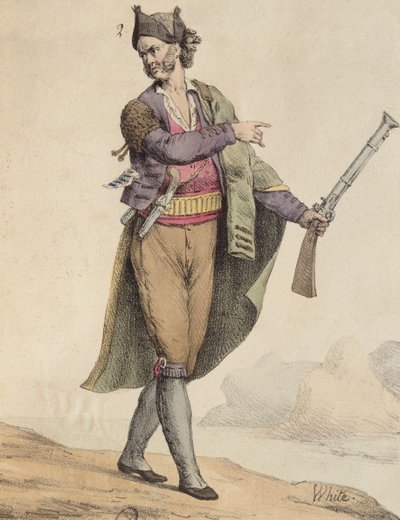 कैडिज़ क्षेत्र के स्पेनिश तस्कर, 1815, लैंगलुम (19 वीं शताब्दी) द्वारा उत्कीर्ण द्वारा फ्रेंच स्कूल