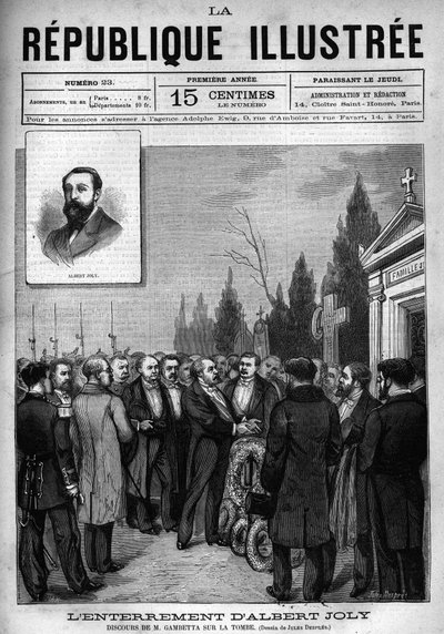 वर्साय के कब्रिस्तान में प्रतिनियुक्त अल्बर्ट जोली (1844-1880) की समाधि पर लियोन गैम्बेटा (1838-1882) का भाषण। एक अखबार। 1880 से "ला रिपब्लिक इलस्ट्री" निजी संग्रह में उत्कीर्णन। द्वारा फ्रेंच स्कूल