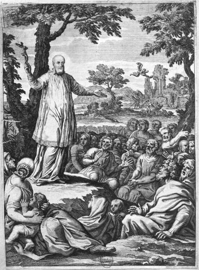 सेंट फ्रांसिस ऑफ़ सेल्स (1567-1622) चबलिस (उत्कीर्णन) (बीडब्ल्यू) के विधर्मियों को उपदेश द्वारा फ्रेंच स्कूल