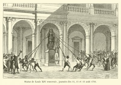 लुई XIV की प्रतिमा को 11, 12 और 13 अगस्त 1792 को उखाड़ फेंका गया द्वारा फ्रेंच स्कूल