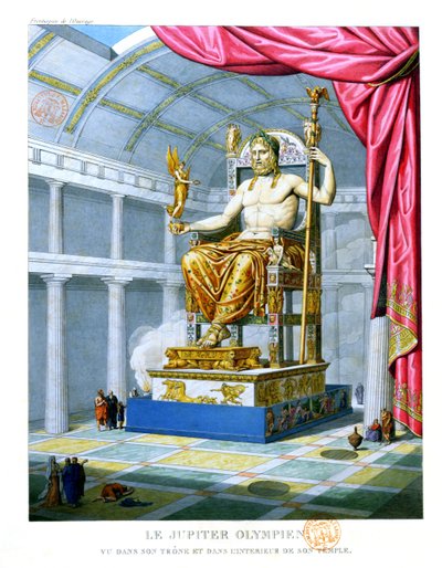 ओलंपियन ज़ीउस की प्रतिमा 1814 में ओलंपस में उनके मंदिर के अंदर उनके सिंहासन पर द्वारा फ्रेंच स्कूल