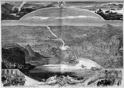 स्वेज नहर: स्वेज (मिस्र) के इस्तमुस में छेद का विहंगम दृश्य, जिसका निर्माण 1859 में शुरू हुआ था। मोरिन द्वारा "" द इलस्ट्रस वर्ल्ड"" में उत्कीर्णन n ° 84 नवंबर 20 द्वारा फ्रेंच स्कूल