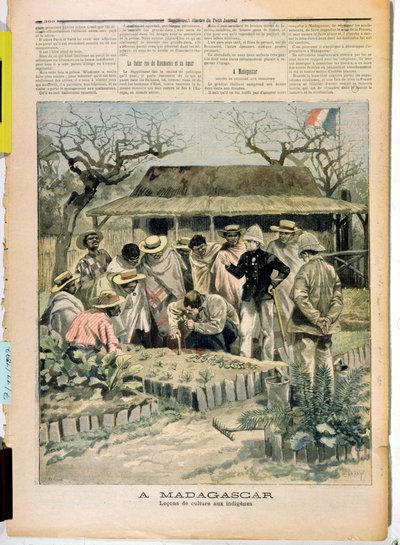 7 नवंबर 1896 को ले पेटिट जर्नल से मेडागास्कर के मूल निवासियों को खेती के तरीके सिखाना द्वारा फ्रेंच स्कूल