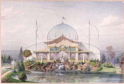 1867 में पेरिस में यूनिवर्सल प्रदर्शनी के गार्डन में टेंट और बिग ग्लासहाउस (कागज पर वाटर कलर) द्वारा फ्रेंच स्कूल