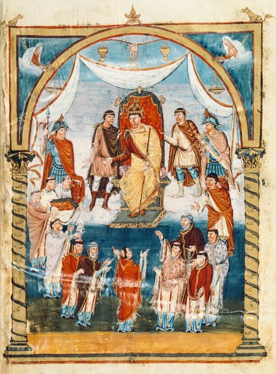 सेंट मार्टिन ऑफ टूर्स के भिक्षुओं से घिरे मठाधीश विवियन, चार्ल्स द्वितीय द बाल्ड को पुस्तक भेंट करते हुए, ९वीं शताब्दी (लघु) द्वारा फ्रेंच स्कूल