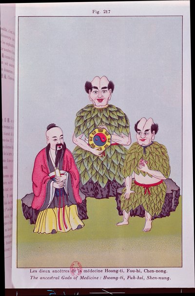 चिकित्सा के पैतृक देवता: ह्वांग-टी, फू-एचसी ताई-की को पकड़े हुए, शेन-नंग एक औषधीय पौधे का स्वाद लेते हुए, लोकप्रिय चीनी चित्रों के बाद चित्रण (रंग उत्कीर्णन) द्वारा फ्रेंच स्कूल