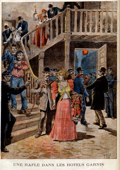 पेरिस के होटलों में वेश्याओं की गिरफ्तारी (बोर्डिंग हाउस) - भरे हुए होटलों में एक राउंडअप - ०४/०८/१८९५ के "ले पेटिट जर्नल" में (उत्कीर्णन) द्वारा फ्रेंच स्कूल