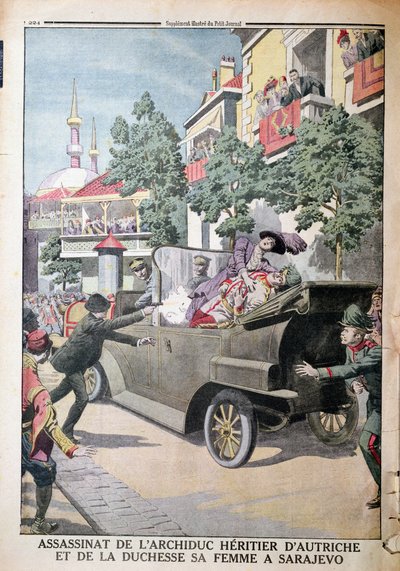 आस्ट्रिया के आर्कड्यूक फ्रांज फर्डिनेंड की हत्या (1863-1914) और उनकी पत्नी, डचेस सोफिया, गैराजिलो प्रिंसिपल (1895-1918) द्वारा साराजेवो में, 28 जून 1914 को, ले पेटिट जर्नल से, 12 जुलाई 1914 (सह) द्वारा फ्रेंच स्कूल