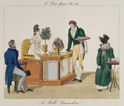 सुंदर नींबू पानी विक्रेता, ले बोन शैली से सी 98, c.1810 (रंग उत्कीर्णन) द्वारा फ्रेंच स्कूल