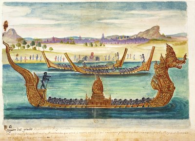 सियाम के राजा के नाव, स्याम में जेसुइट्स के एक खाते से, 1688 (कागज पर wc) द्वारा फ्रेंच स्कूल