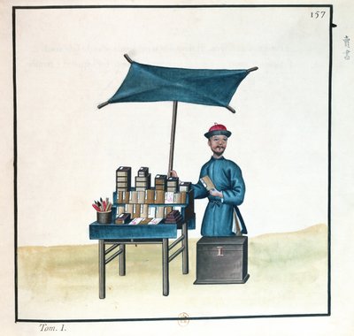 बुक सेलर, पीकिंग की सड़क पर एक किताब से, c.1785 (कागज पर wc और gouache) द्वारा फ्रेंच स्कूल