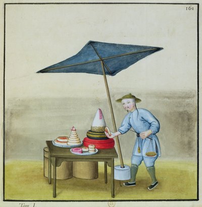 केक विक्रेता, पीकिंग की सड़क पर एक किताब से, c.1785 (कागज पर wc और gouache) द्वारा फ्रेंच स्कूल