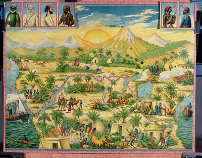 अफ्रीका की विजय, बोर्ड गेम सर हेनरी मॉर्टन स्टेनली (1841-1904) और डेविड लिविंगस्टोन (1813-73) की यात्रा पर आधारित (रंग उत्कीर्णन) द्वारा फ्रेंच स्कूल
