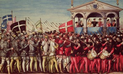 हेनरी II (1519-59) के रॉयल एंट्री फेस्टिवल में ड्रमर्स एंड सोल्जर्स का कॉर्टेज, रूऑन, 1 अक्टूबर 1550 में द्वारा फ्रेंच स्कूल