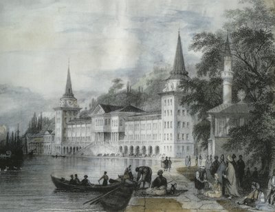 बोस्फोरस, 1840 (रंग उत्कीर्णन) पर डोलमाबासे पैलेस द्वारा फ्रेंच स्कूल