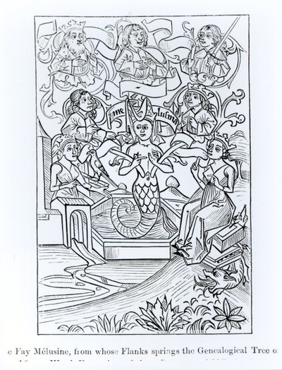 फे मेलुसीन, जिनके फ्लैक्स से किंग्स एंड एम्परर्स के वंशावली ट्री की उत्पत्ति होती है, मध्य युग और पुनर्जागरण में विज्ञान और साहित्य से दृष्टांत, पॉल लैक्र द्वारा लिखित और उत्कीर्ण द्वारा फ्रेंच स्कूल