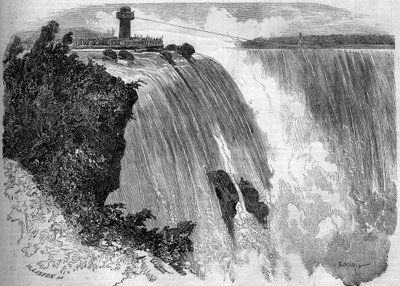 फ्रांसीसी कलाबाज ब्लोंडिन (जीन फ्रेंकोइस ग्रेवलेट, डीआईटी) (1824-1897) नियाग्रा फॉल्स को पार करते हुए। मिस्टर फिलिबर्ट के एक स्केच से। १७ सितंबर १८५९ को "" ले मोंडे इलस्ट्रे"" एन °१२७ में उत्कीर्णन। द्वारा फ्रेंच स्कूल