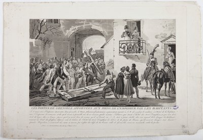 6 मार्च 1815 को मार्टिन के द्वारा प्रकाशित, 1815 में सम्राट के पैरों में ग्रेनोबल के द्वार को प्रस्तुत करते हुए, द्वारा फ्रेंच स्कूल