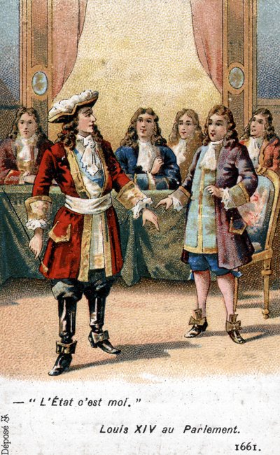फ्रांस के राजा लुई XIV ने 1661 में संसद में घोषणा की: "राज्य मैं हूं!" 19 वीं शताब्दी की क्रोमोलिथोग्राफी। द्वारा फ्रेंच स्कूल