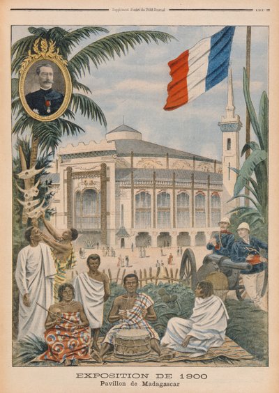 1900 की सार्वभौमिक प्रदर्शनी में मालागासी मंडप, पेरिस, &39;ले पेटिट जर्नल&39; से चित्रण, 1 अप्रैल 1900 (रंग लिथो) द्वारा फ्रेंच स्कूल